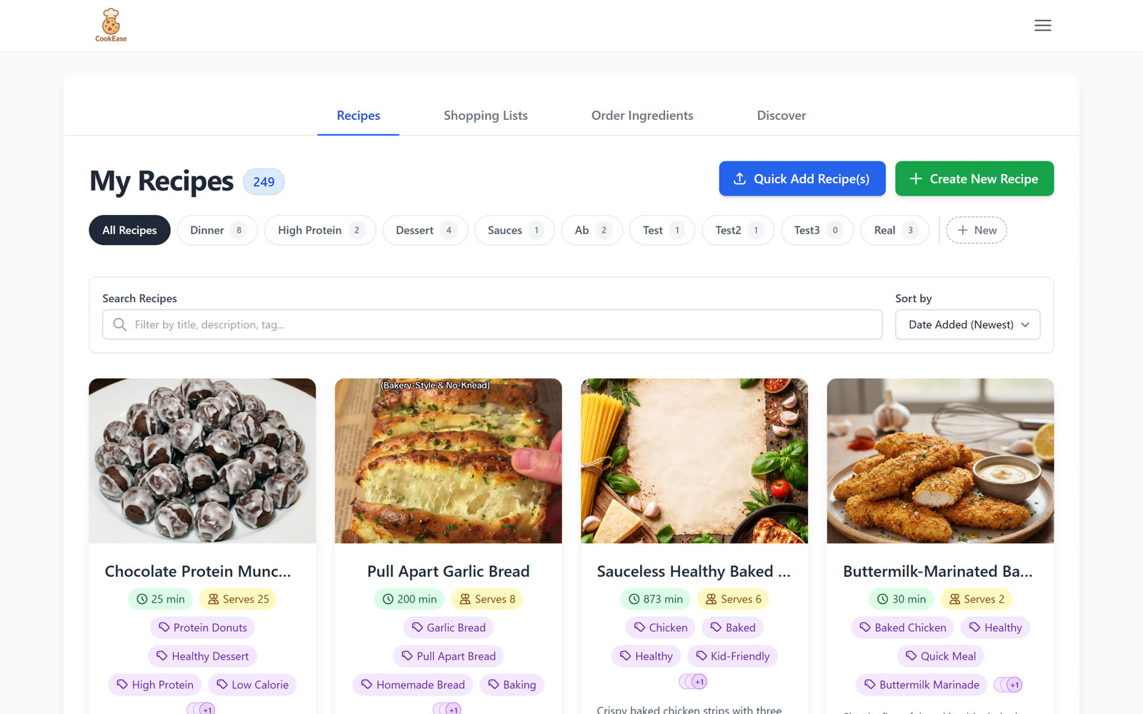 The CookEase dashboard with a grid of saved recipes