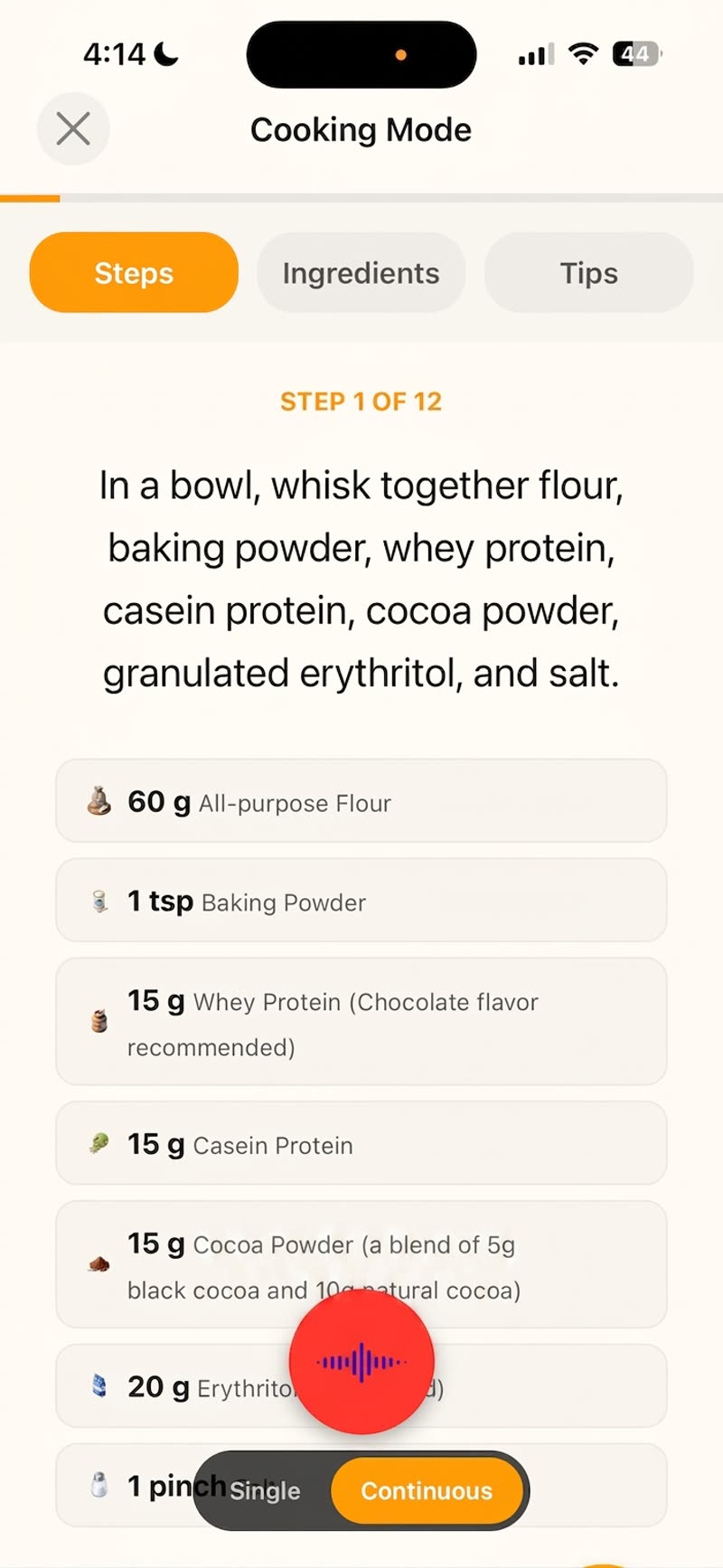 Cooking Mode on iPhone with the voice assistant listening, showing step 1 of 12 and the Single/Continuous switch