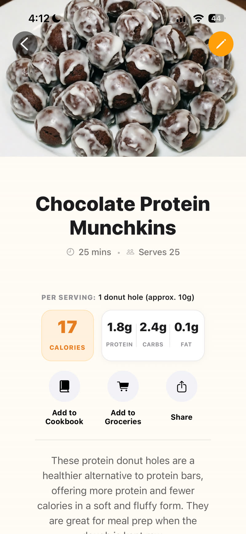 A recipe on iPhone showing per-serving calories, macros, and serving size