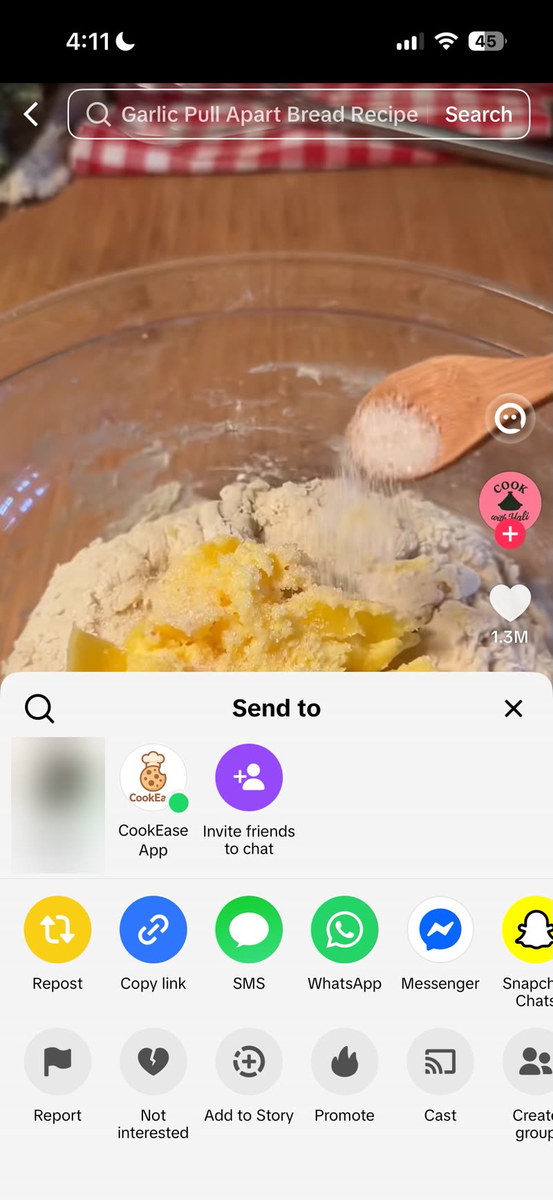 TikTok share sheet with CookEase App as a send target