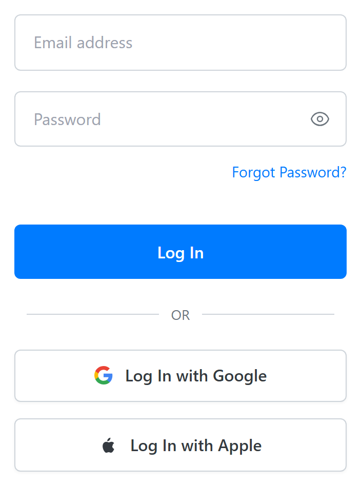 The CookEase login form with email, Google, and Apple sign-in options