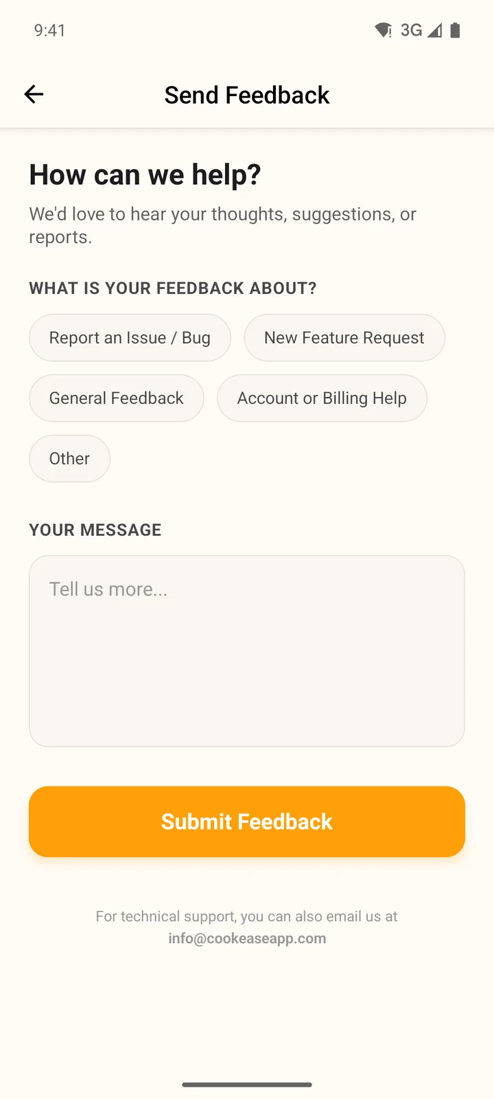 The Send Feedback screen in the app with the topics, a message box and Submit Feedback