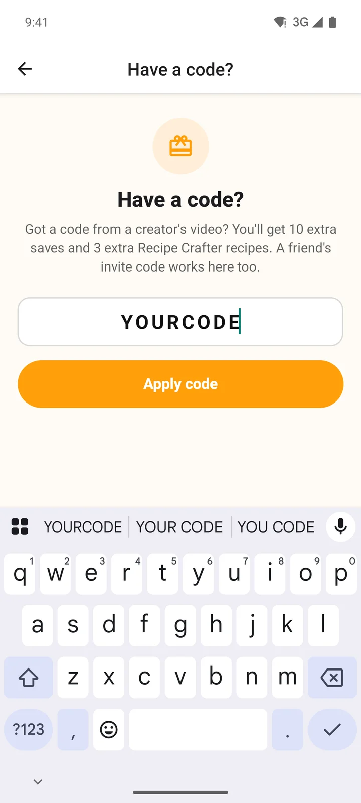 The Have a code? screen with a code typed in and the Apply code button ready