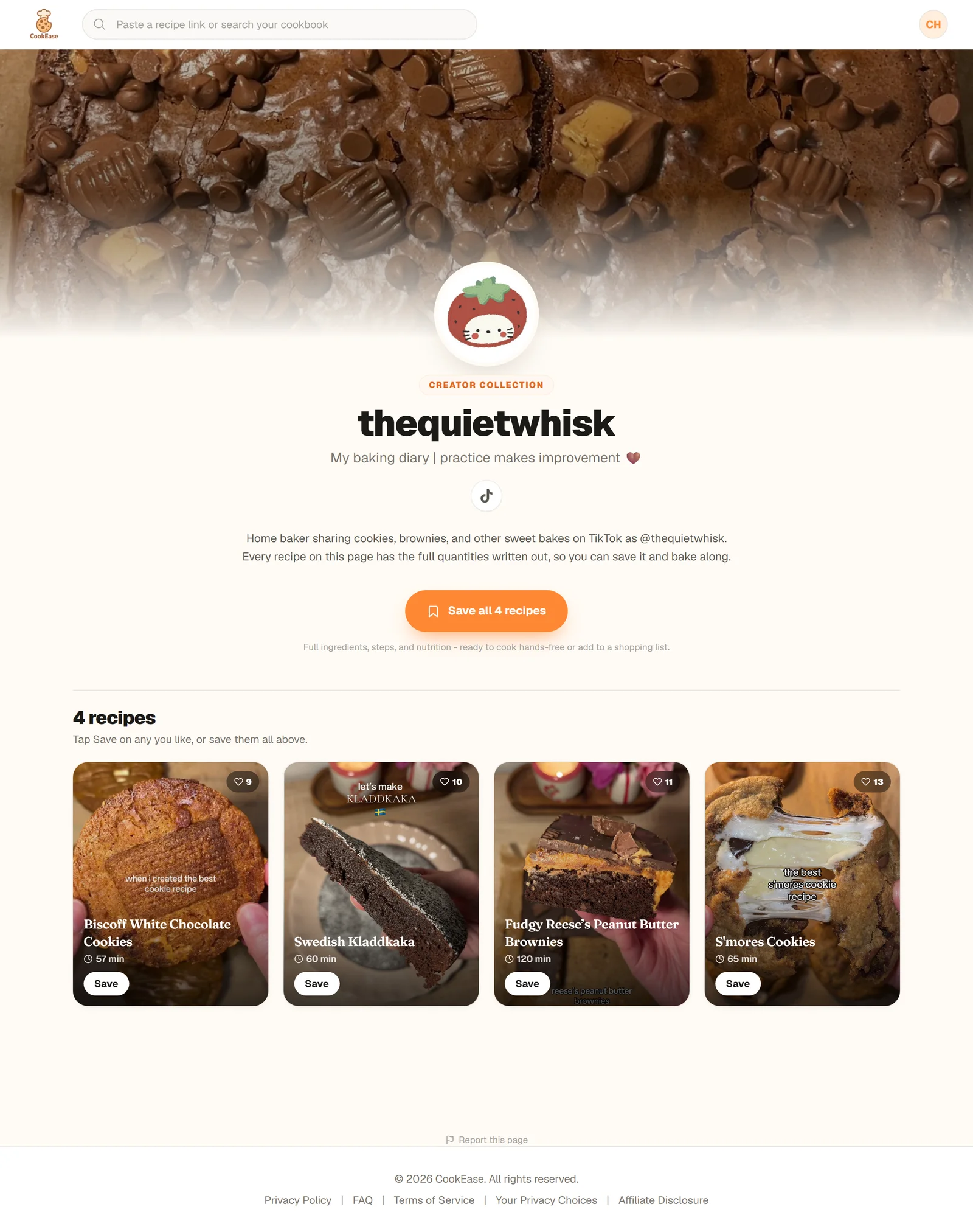 The creator page for thequietwhisk: a cover photo, a round profile picture, Creator collection, the line My baking diary, a TikTok link, a short introduction, a Save all 4 recipes button and four recipe tiles each with a Save button