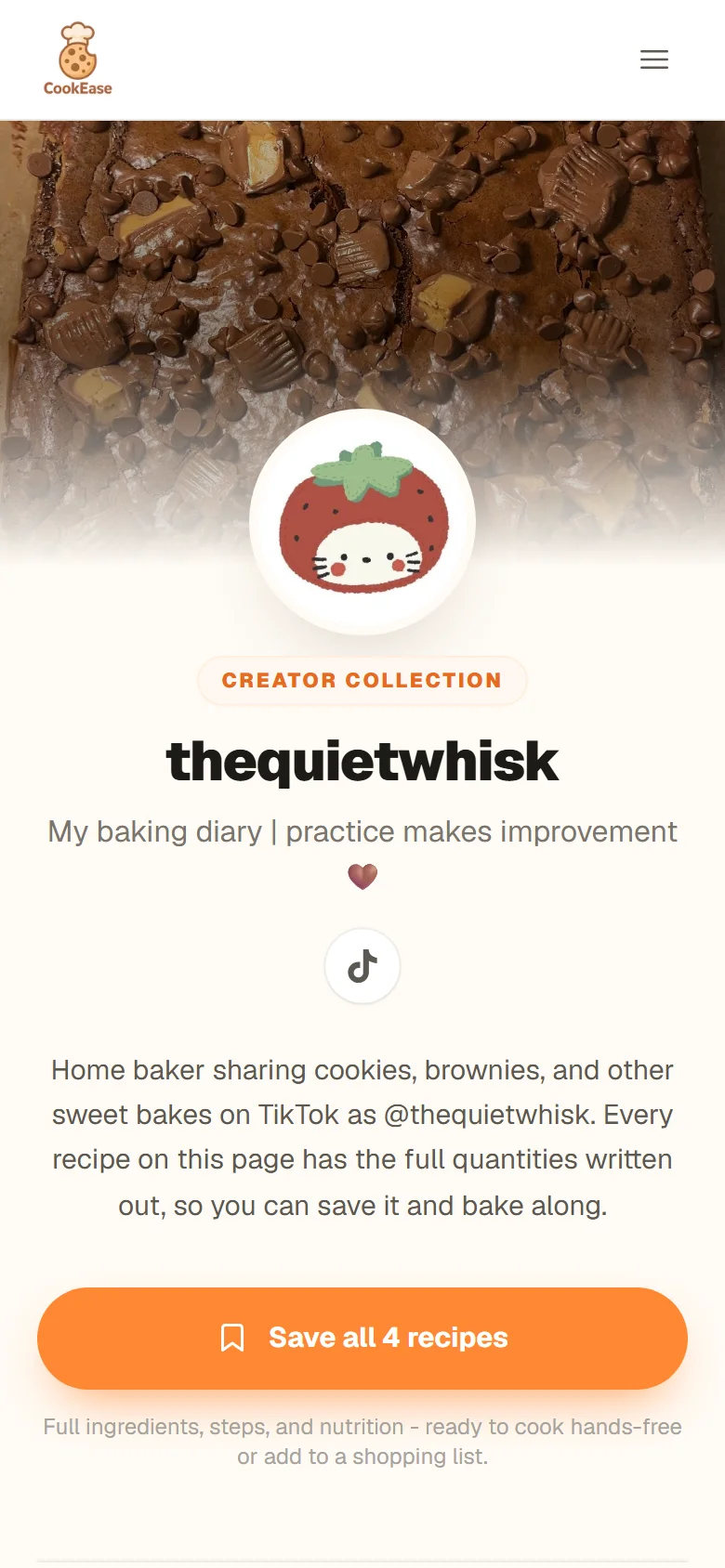 A creator page opened in a phone browser without an account, showing the profile, introduction and the Save all 4 recipes button