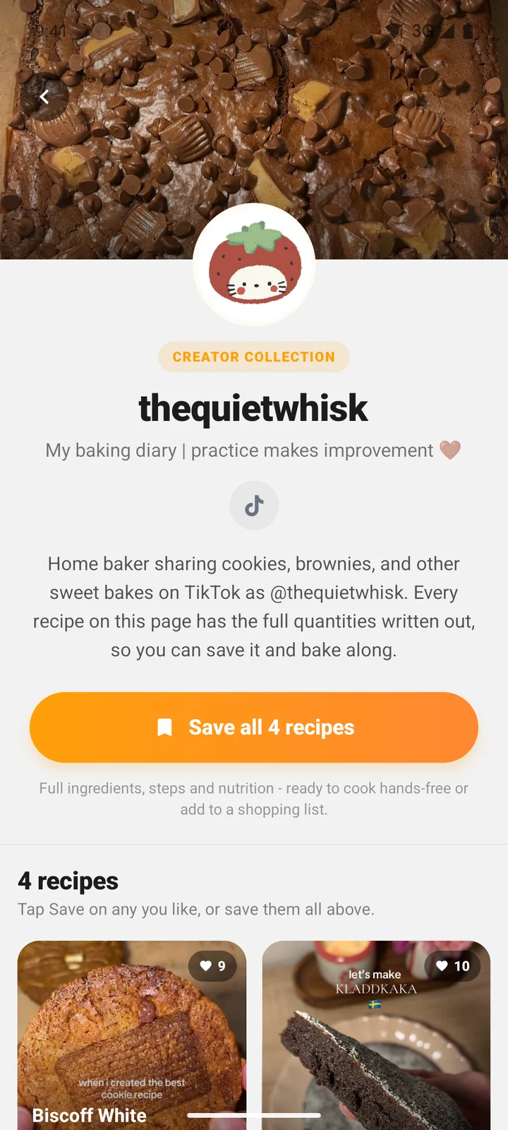 The same creator page in the Android app with Creator collection, the TikTok link, the introduction and a Save all 4 recipes button