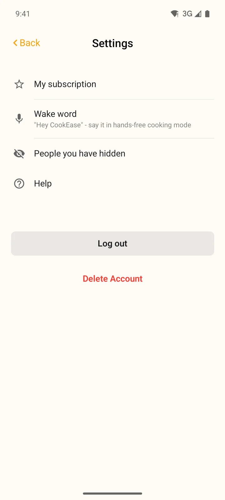 The Settings screen in the app with My subscription, Wake word, People you have hidden, Help, Log out and Delete Account