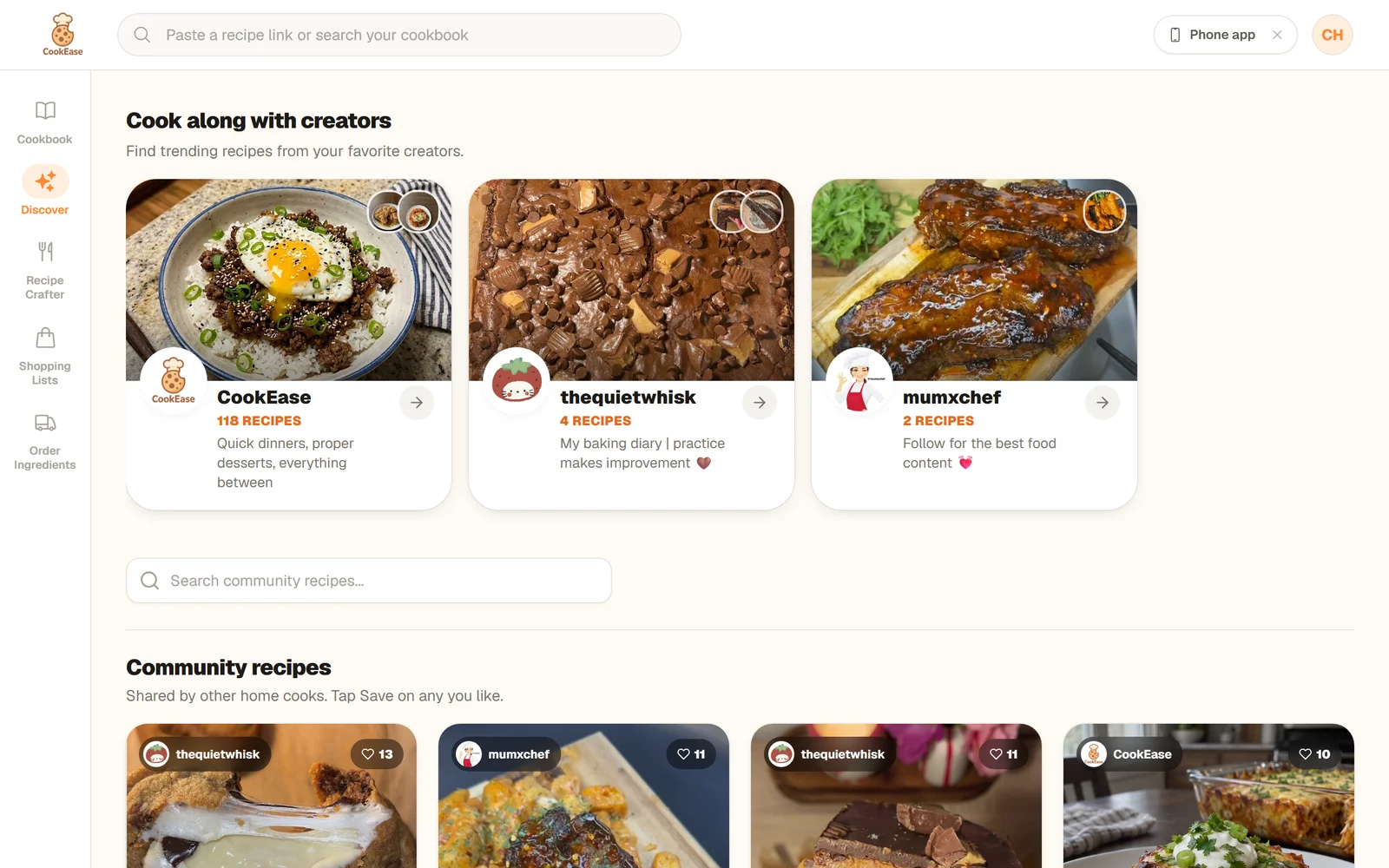 The Discover page on the website: Cook along with creators with cards for CookEase, thequietwhisk and mumxchef, a Search community recipes box, and the start of Community recipes