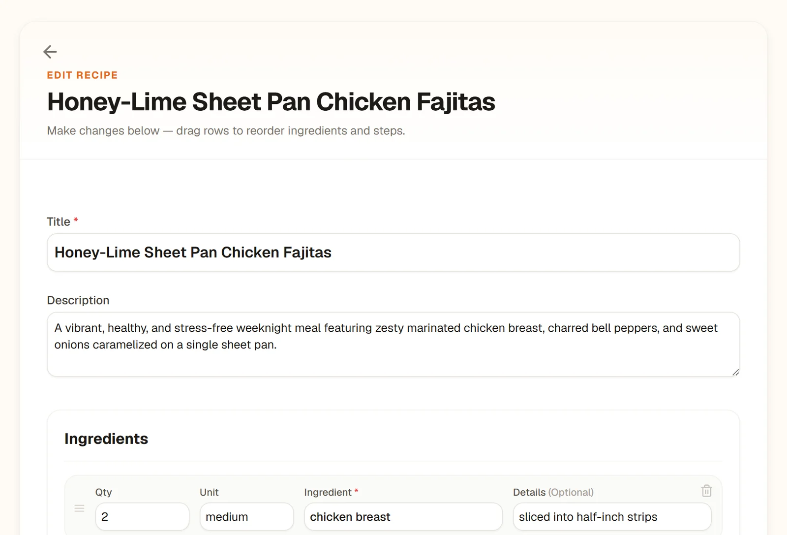 The top of the edit page on the website for Honey-Lime Sheet Pan Chicken Fajitas, with the Title and Description fields and the first ingredient row