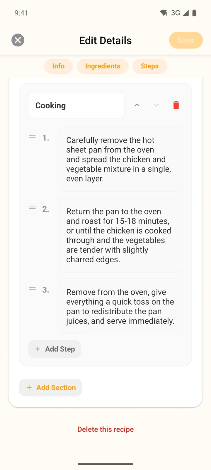 The bottom of Edit Details on Android with Add Section and a red Delete this recipe link