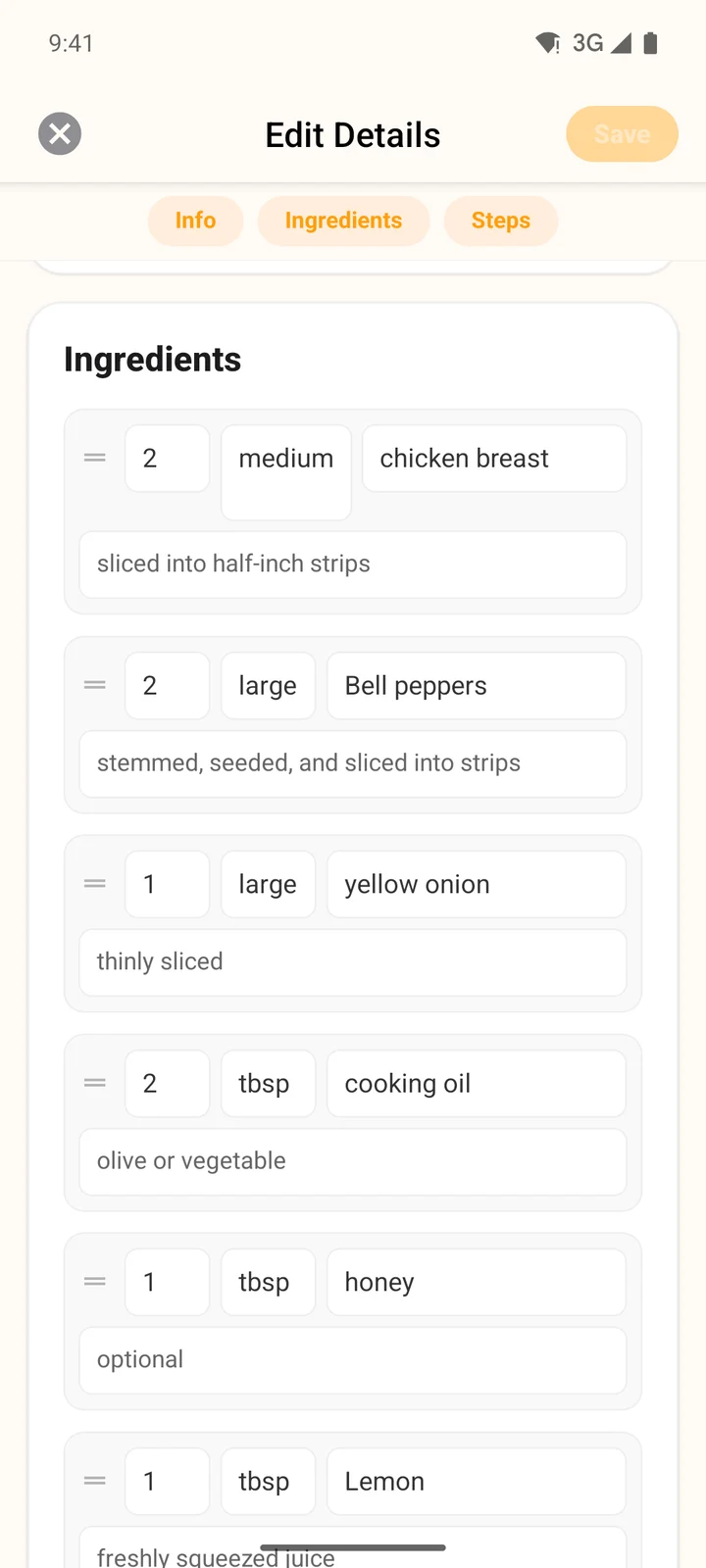 The Ingredients part of Edit Details on Android, each row with amount, unit, name and a notes line