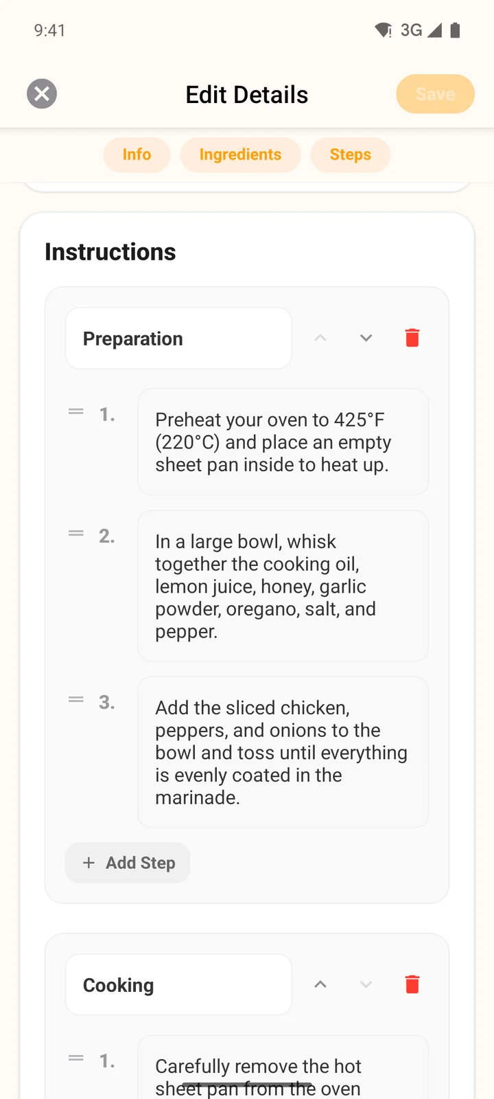 The Instructions part of Edit Details on Android with a Preparation section holding three steps and a Cooking section below it