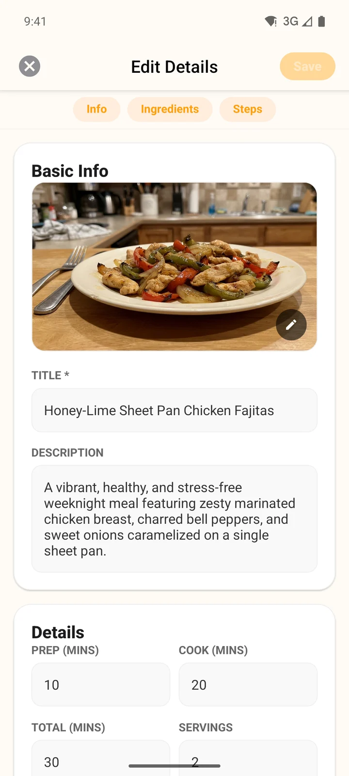 The Edit Details screen on Android with Info, Ingredients and Steps buttons, the recipe photo, title and description