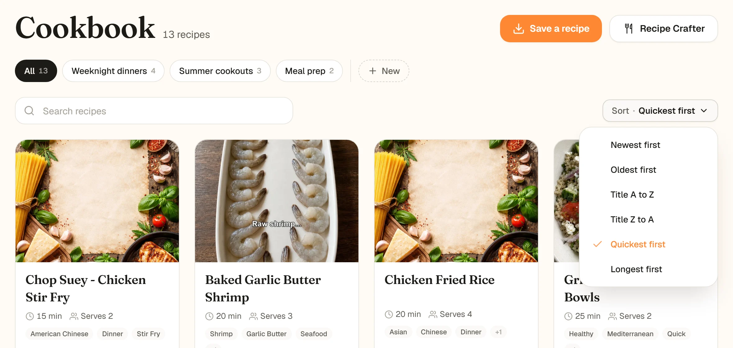 The Sort menu open on the Cookbook page with Quickest first ticked among the six orders