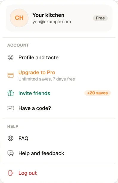 The open account menu with Profile and taste, Upgrade to Pro, Invite friends, Have a code?, FAQ, Help and feedback and Log out