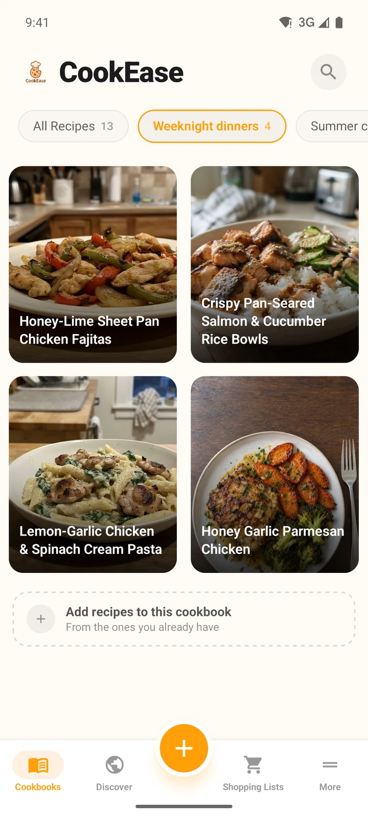 The CookEase app with numbered markers on the Cookbooks, Discover, orange +, Shopping Lists and More tabs, the search button and the cookbook chips