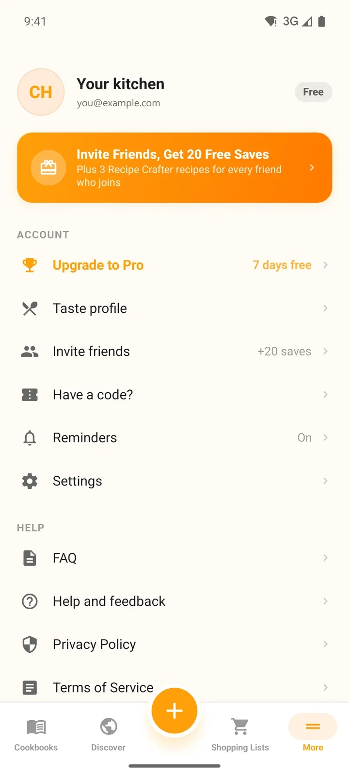 The More tab with the invite banner and the Account section: Upgrade to Pro, Taste profile, Invite friends, Have a code?, Reminders and Settings