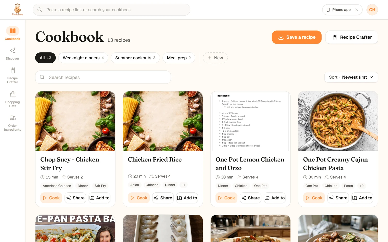 The CookEase website with numbered markers on the side menu, the search field, the Save a recipe button, the cookbook chips, the phone app chip and the account menu