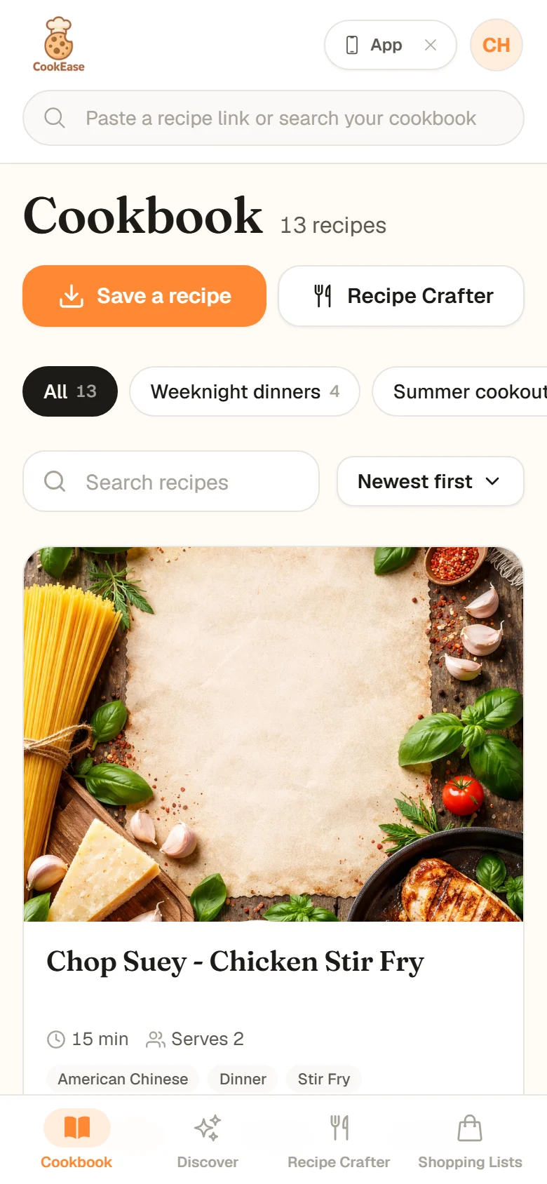 The CookEase website on a phone: the search field under the logo, the Cookbook page and a tab bar at the bottom