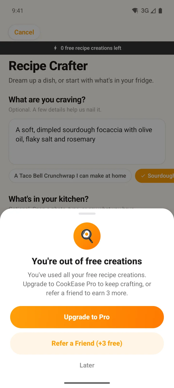 The Recipe Crafter in the Android app showing 0 free recipe creations left, with the You're out of free creations sheet open