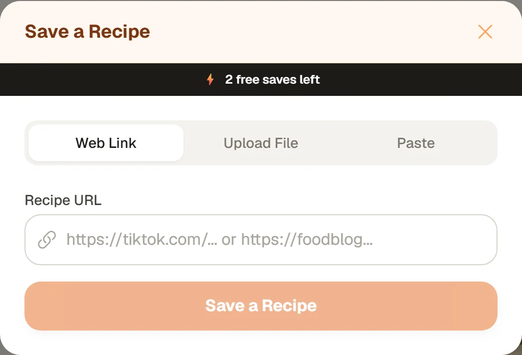 The Save a Recipe window on the website with a bar that reads 2 free saves left