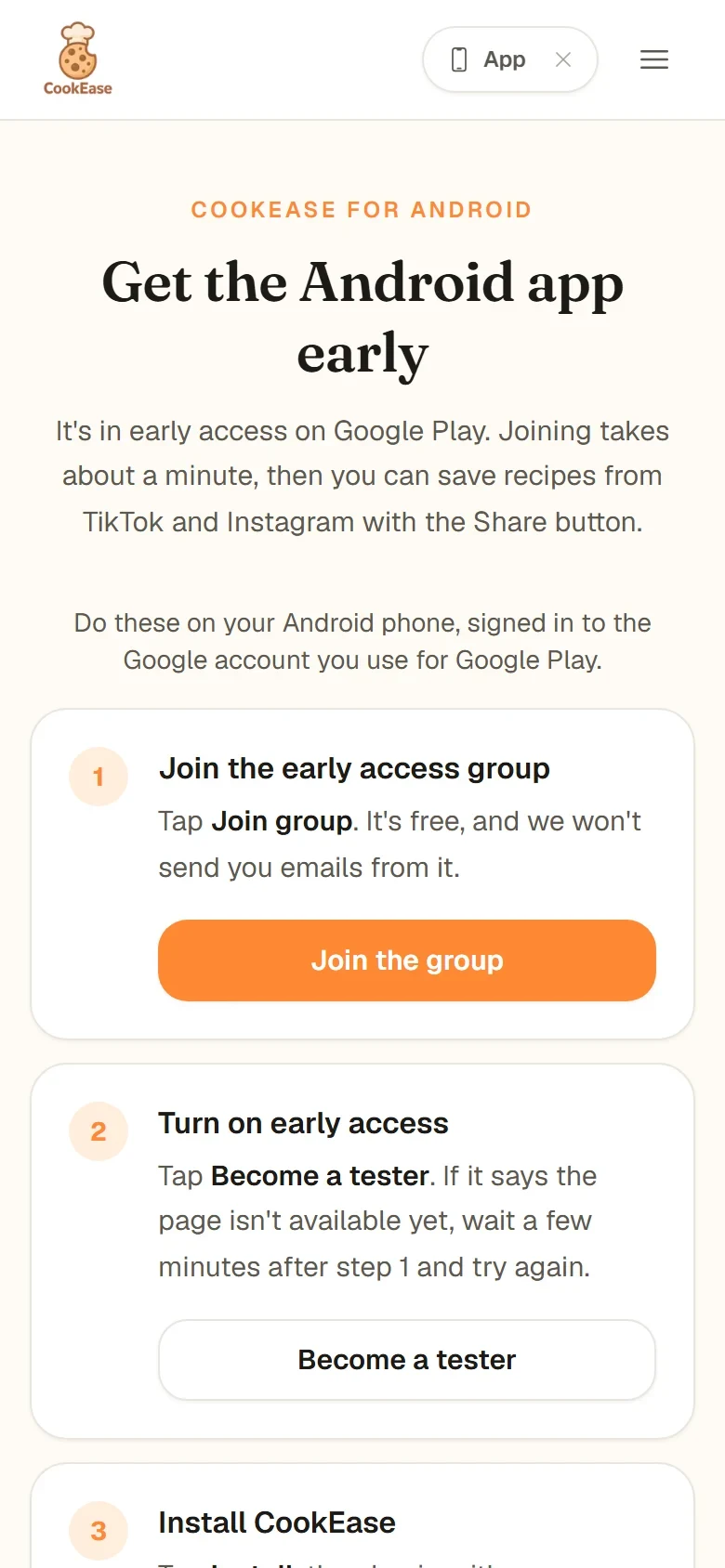 The cookeaseapp.com/android page with three steps: Join the early access group, Turn on early access, Install CookEase