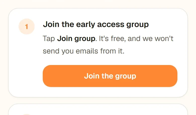 Step 1 on cookeaseapp.com/android: Join the early access group, with a Join the group button