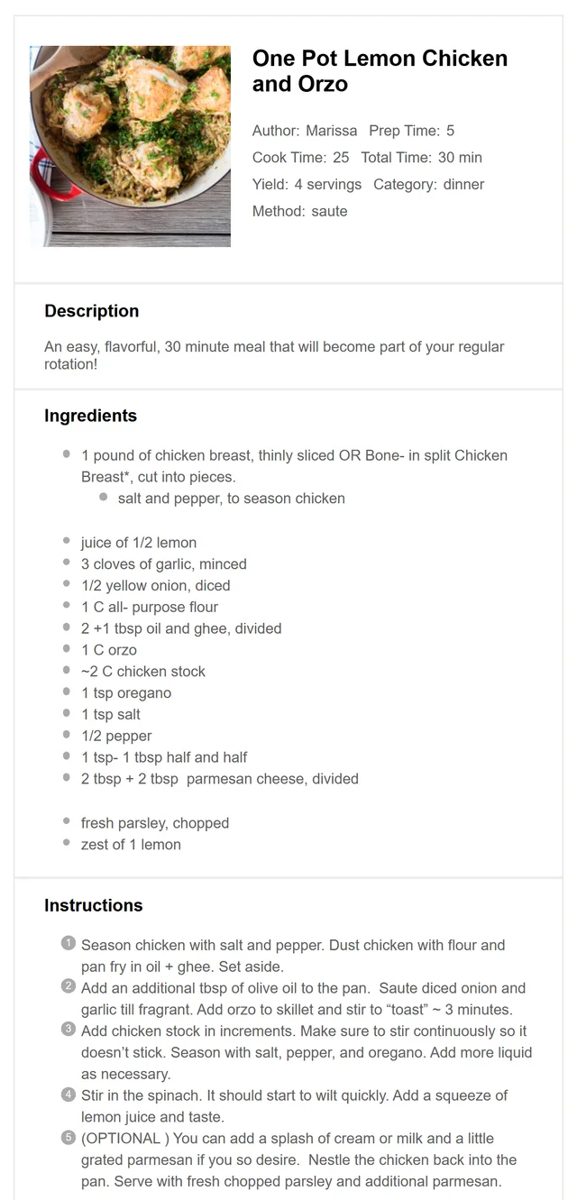 A phone screenshot of the One Pot Lemon Chicken and Orzo recipe from First and Full, with its ingredients and five instructions
