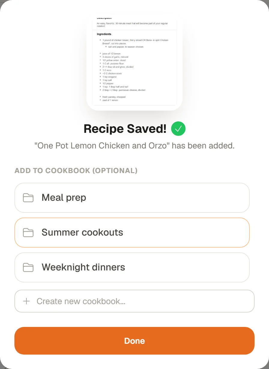Recipe Saved! for One Pot Lemon Chicken and Orzo, with Add to Cookbook (Optional) and a Done button