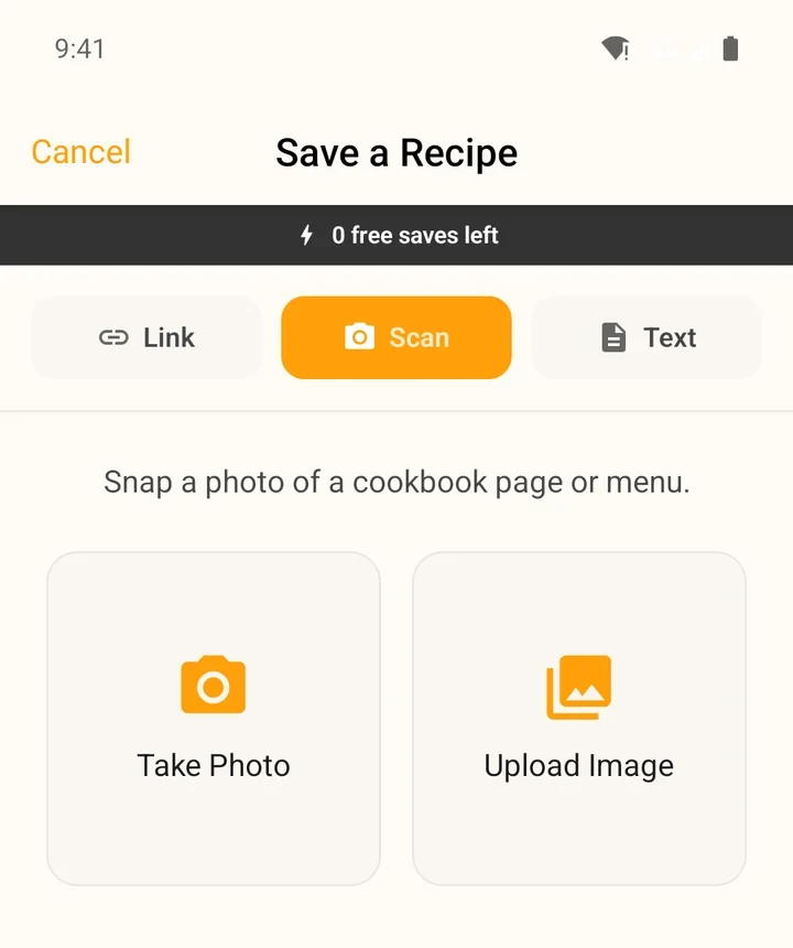 The Scan tab of the Save a Recipe screen in the Android app with Take Photo and Upload Image buttons