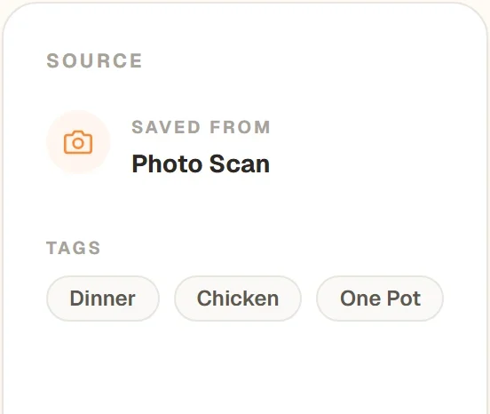 The Source card on the saved recipe: Saved from Photo Scan, and the recipe's tags