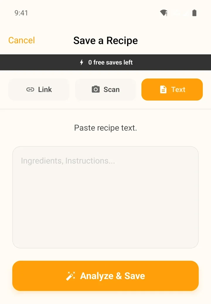The Text tab of the Save a Recipe screen in the Android app: Paste recipe text, a large text box and an Analyze and Save button