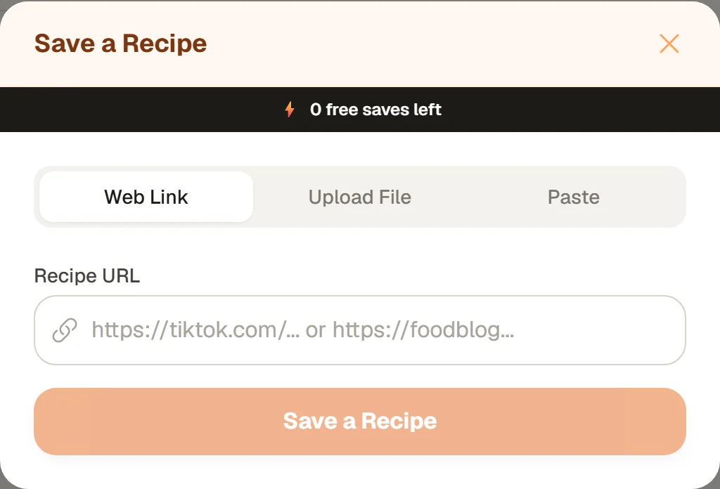 The Save a Recipe window on the website with Web Link, Upload File and Paste tabs and a Recipe URL box