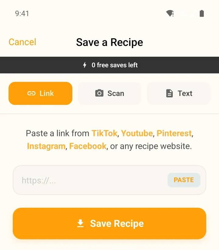 The Link tab of the Save a Recipe screen with a https box, a PASTE button and a Save Recipe button