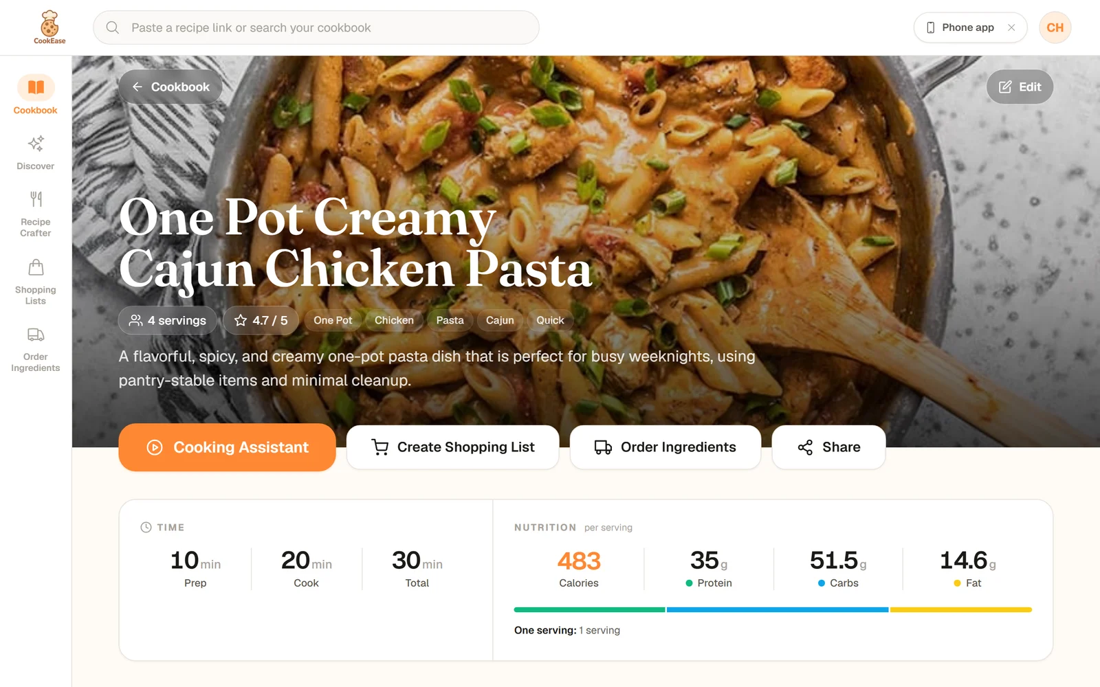 The saved One Pot Creamy Cajun Chicken Pasta recipe on the website, with its photo, servings, times and nutrition per serving