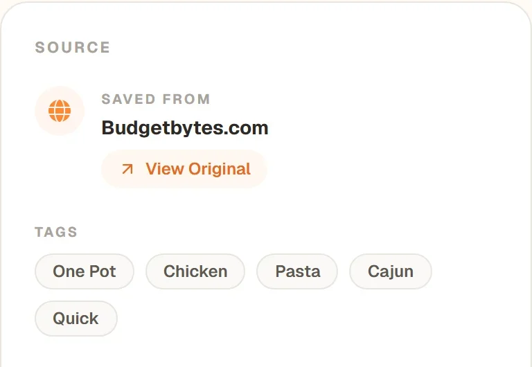 The Source card on the saved recipe: Saved from Budgetbytes.com with a View Original button, and the recipe's tags