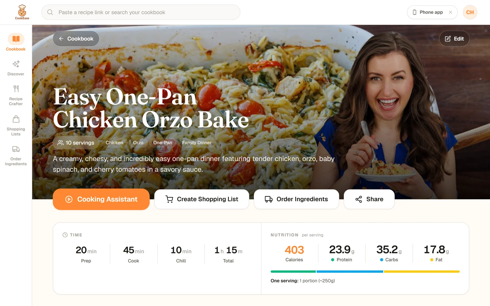A recipe saved from a YouTube video on the website: Easy One-Pan Chicken Orzo Bake with the video photo, 10 servings, prep, cook and total times and nutrition per serving