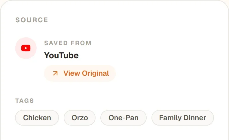 The Source card on a saved recipe: Saved from YouTube with a View Original button, and the recipe's tags