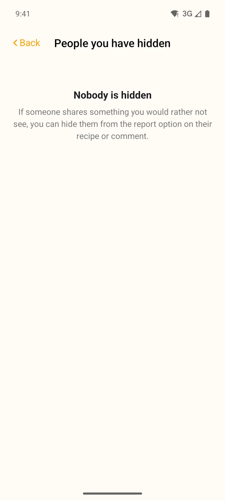 The People you have hidden screen in the Android app reading Nobody is hidden, with a note on how to hide someone from the report option