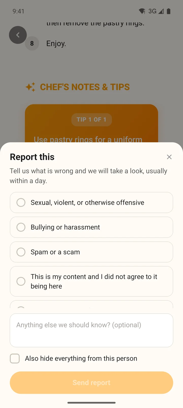 The Report this sheet in the Android app with the list of reasons, a notes box, Also hide everything from this person and Send report