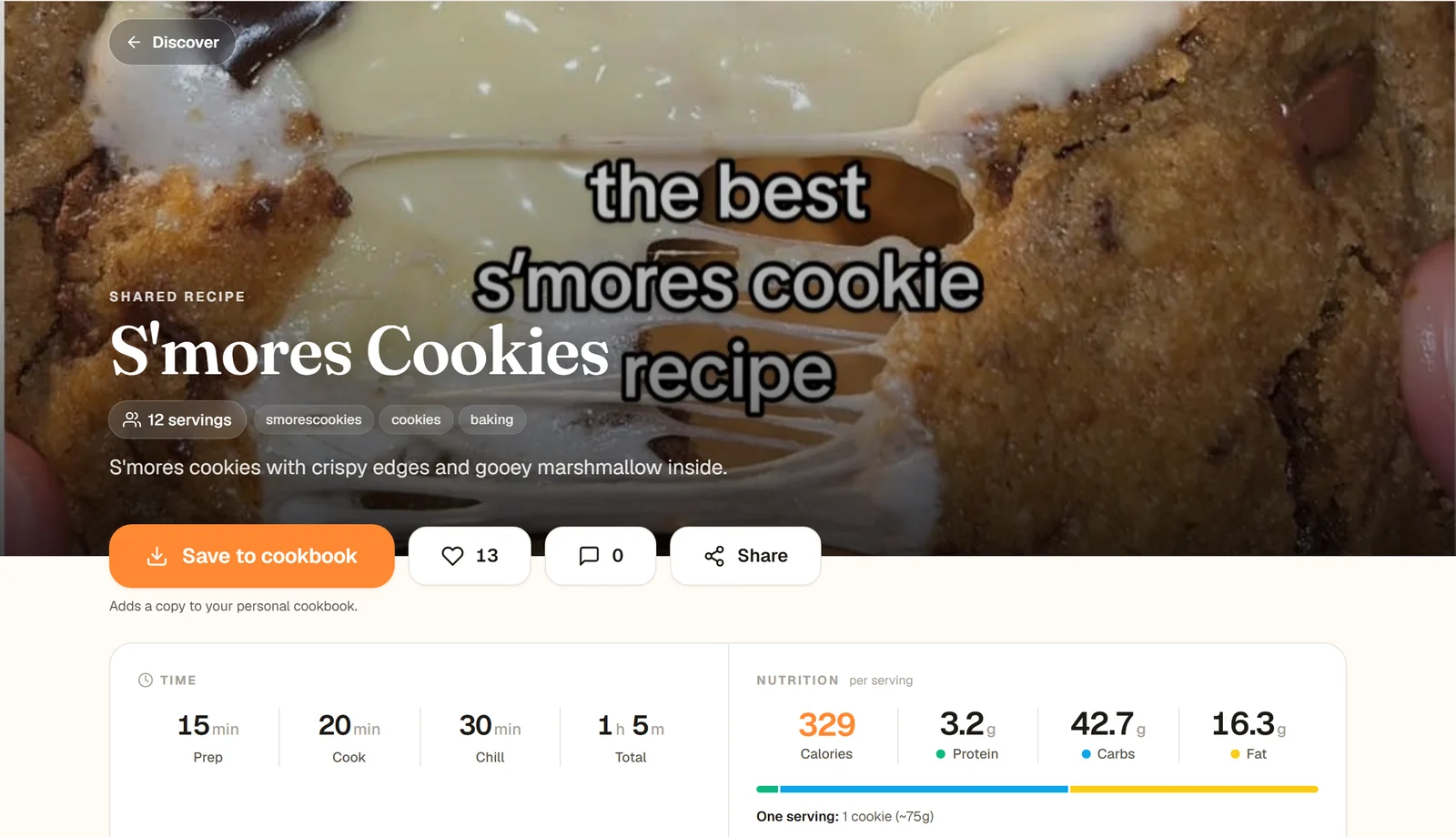 The shared page for S'mores Cookies, with Save to cookbook, a heart showing 13 likes, a comment count of 0 and Share under the photo