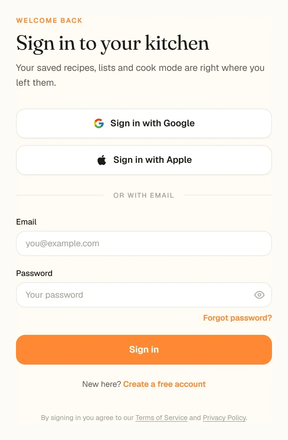 The CookEase sign-in page with Sign in with Google, Sign in with Apple and an email and password form
