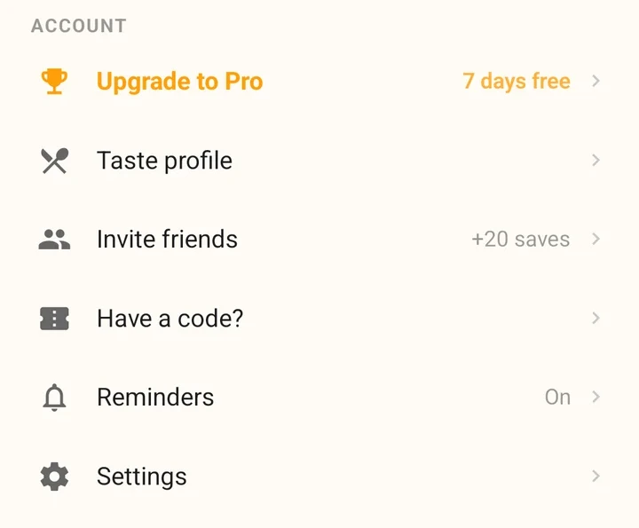 The Account section of the More tab, with the Reminders row showing On