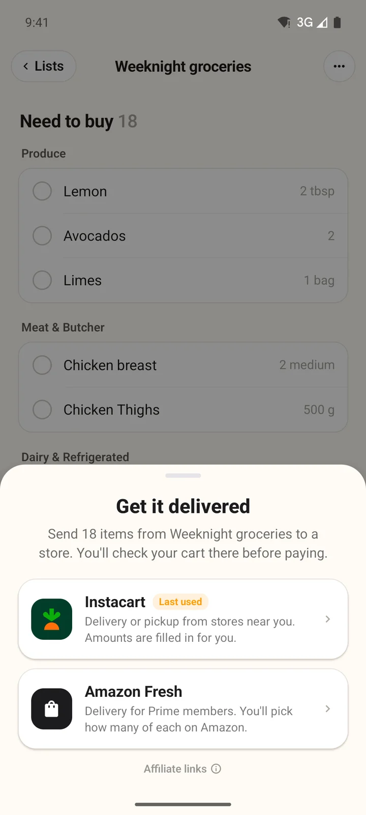 The Get it delivered sheet on Android: send 18 items from Weeknight groceries to Instacart or Amazon Fresh