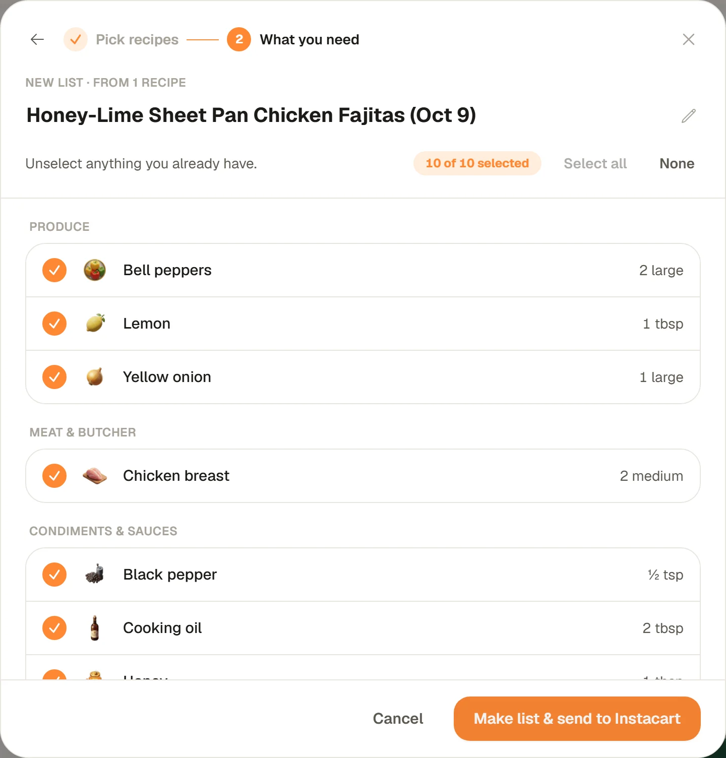 Ordering from a recipe: What you need for Honey-Lime Sheet Pan Chicken Fajitas, 10 of 10 selected, with Make list and send to Instacart