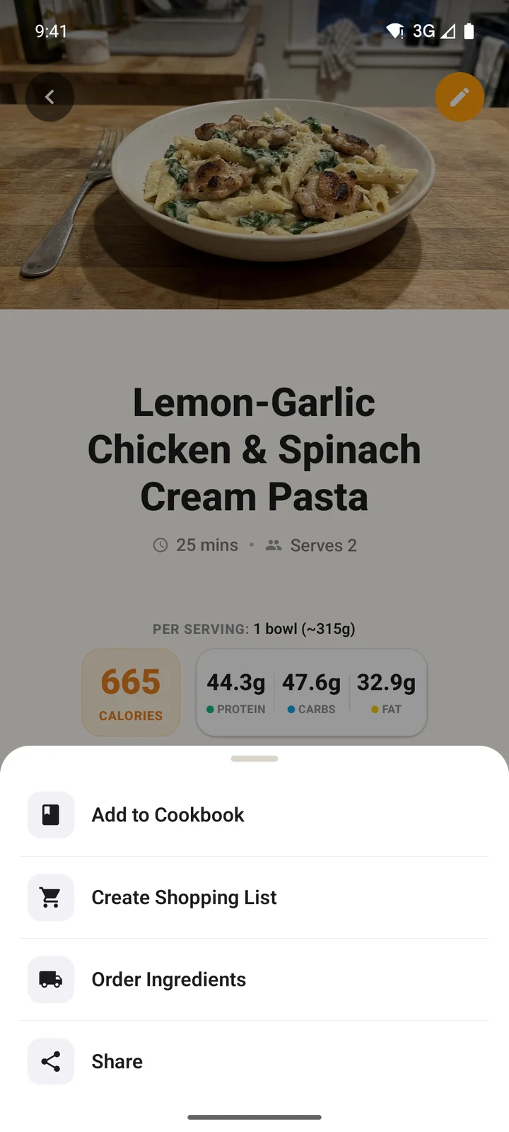 The recipe menu on Android with Add to Cookbook, Create Shopping List, Order Ingredients and Share