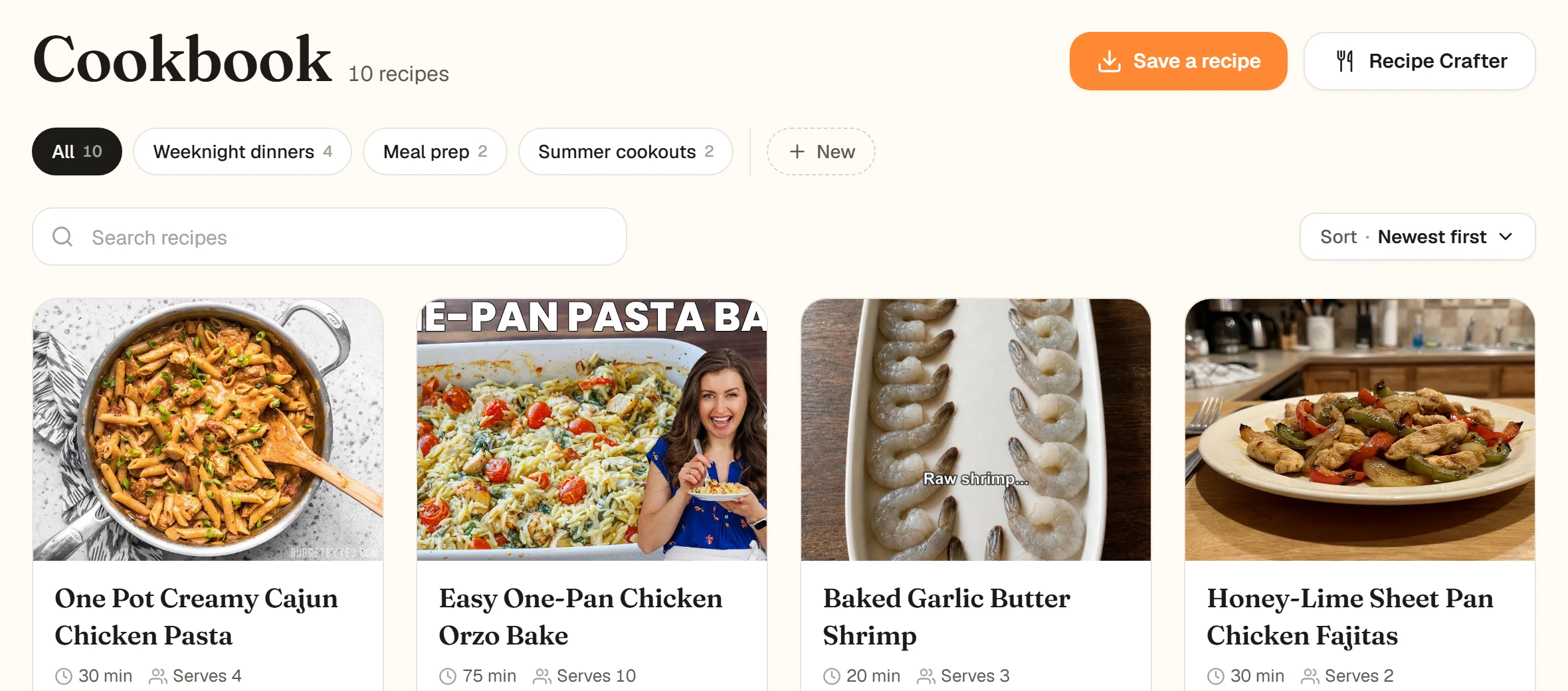 The Cookbook page on the website with the chips All 10, Weeknight dinners 4, Meal prep 2, Summer cookouts 2 and + New above the recipe grid