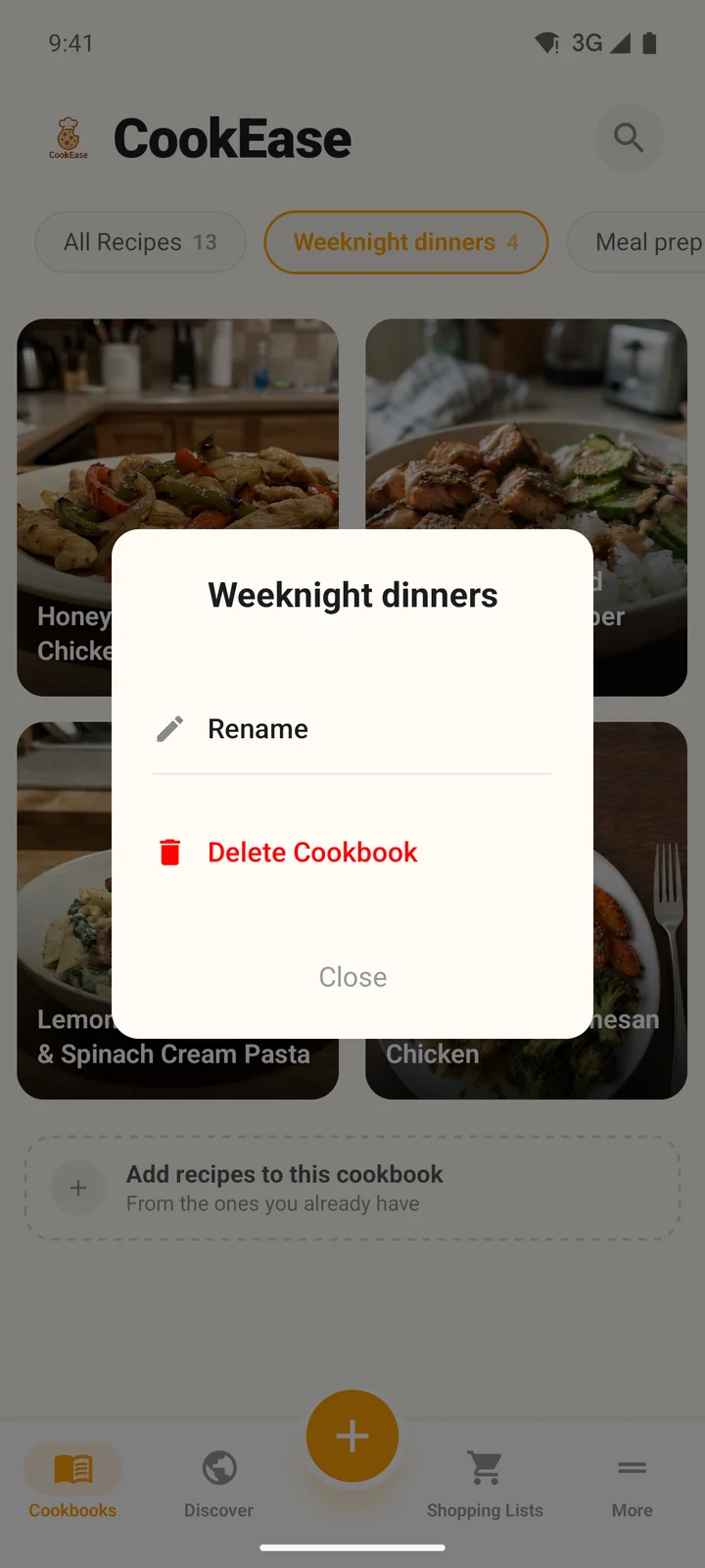 The menu for the Weeknight dinners cookbook on Android with Rename, Delete Cookbook and Close