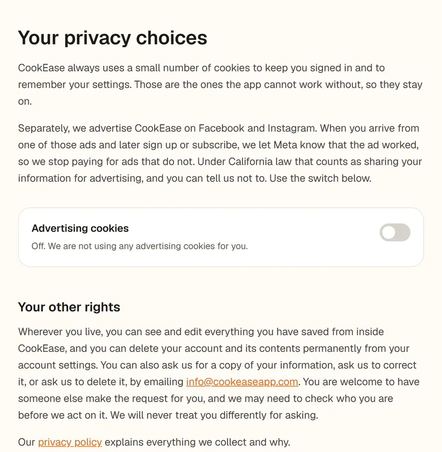 The Your privacy choices page with an Advertising cookies switch