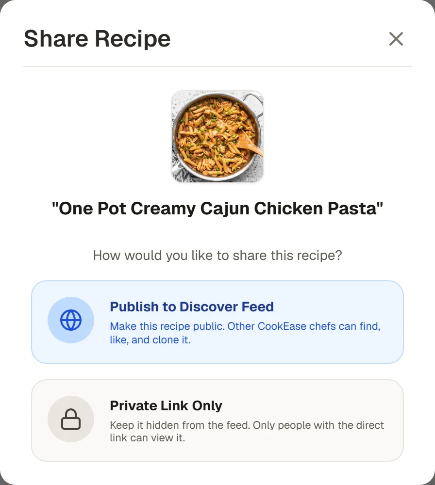 The Share Recipe window for One Pot Creamy Cajun Chicken Pasta, asking How would you like to share this recipe? with two choices: Publish to Discover Feed and Private Link Only